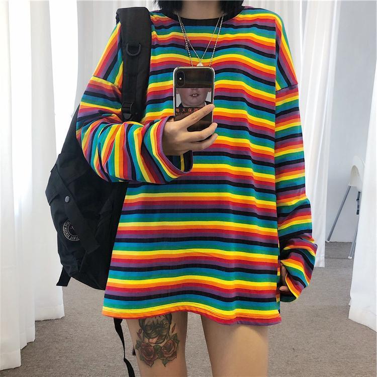 Cute girl rainbow stripes loose wild long-sleeved T-shirt 332376407160 41d7c01a 80f1 47ef 97ff d37af1d9bae9