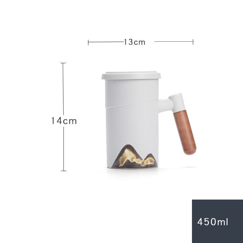Factory Creative Yuanshan Hand-painted Mug Wooden Handle Ceramic Tea Cup With Lid Filter Three-piece Office Home 38a3db1a acb