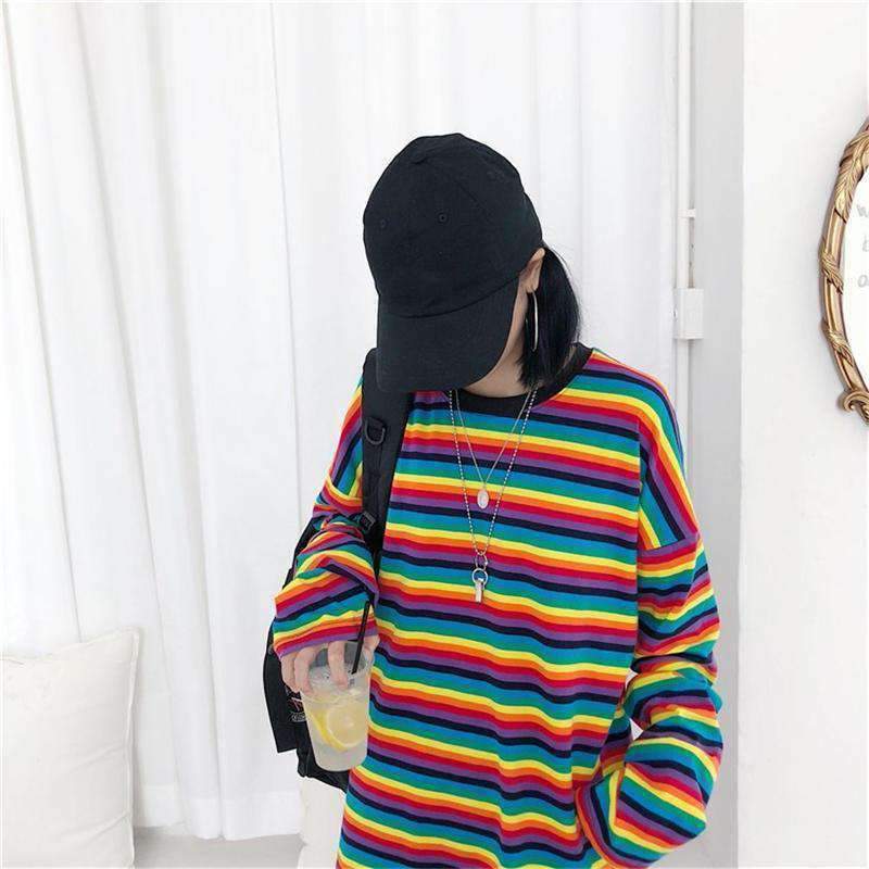 Cute girl rainbow stripes loose wild long-sleeved T-shirt 39513245217418