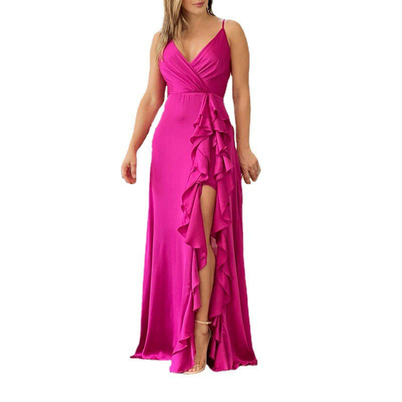 European And American Women's Clothing Summer New V-neck Brace High Waist Ruffles Irregular Slit Dress 3a961f24 74d0 483d 935