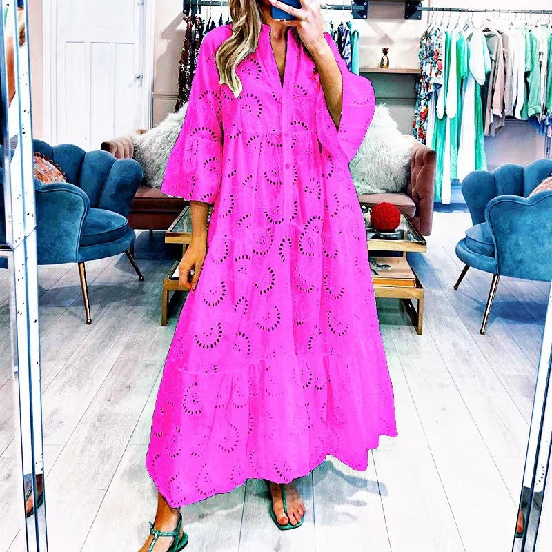 French Style V-neck Bell Sleeve Lace Hollow Out Solid Color Sexy Long Dress Women 3b5c4434 bed1 41f3 aa1d d88064c17f00