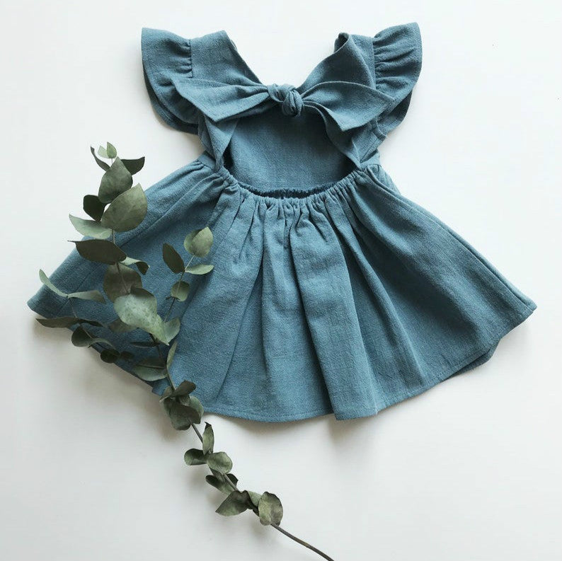 New Girls' Dress Baby Cotton And Linen Solid Color Children Shirt Bow Princess Dress Pettiskirt European And American Style C