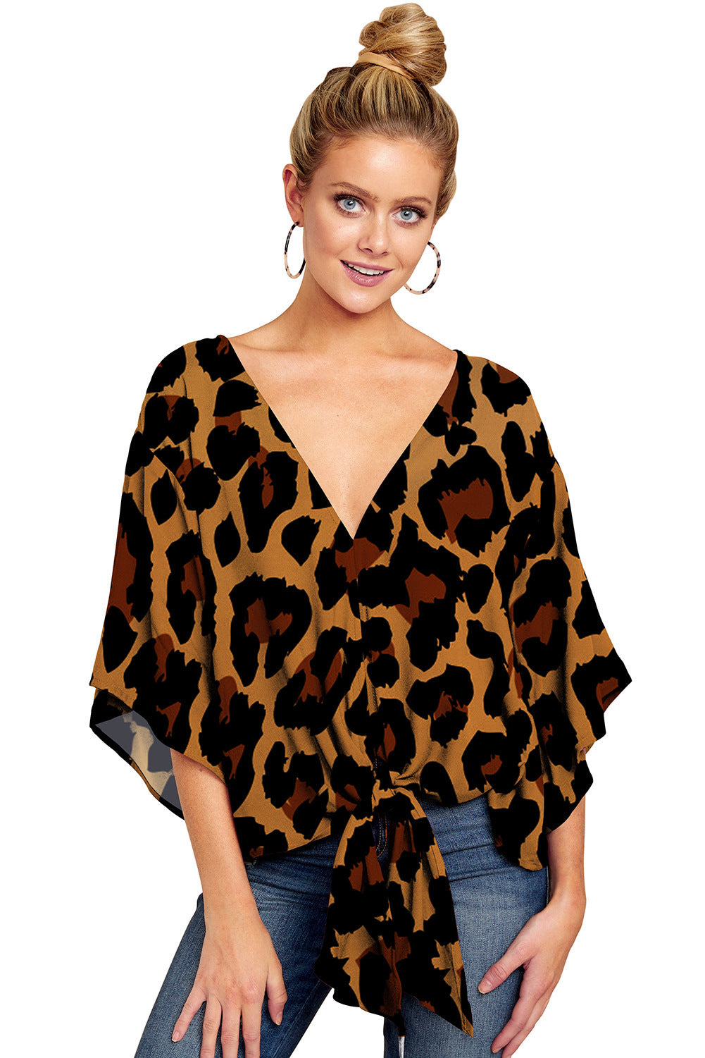 New V Neck Blouse Women Leopard Print Shirts Floral Tie Front Blouses Batwing Summer Oversize Ladies Tops 3d98912a 9b4a 4ba2