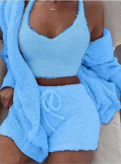 3pcs Womens Clothing Long Sleeve Crop Tank Top And Drawstring Shorts Pajama Set - HD Wireless Product #12