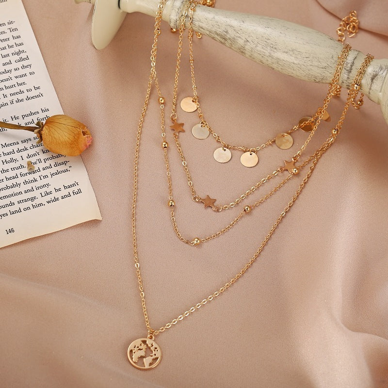 Simple Round Piece Five-Pointed Star Pendant Multilayer Necklace 4087100b 3885 4502 9e77 4e922069b66d