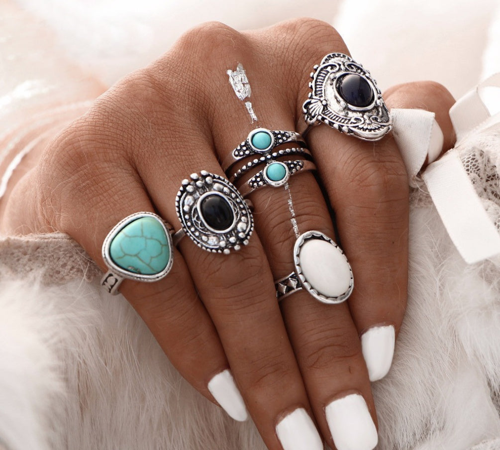 Bohemian Retro Ethnic Style Inlaid Black Gemstone Opal Turquoise Joint Ring 4109b937 4df0 452b b066 2fbc6df27f1b