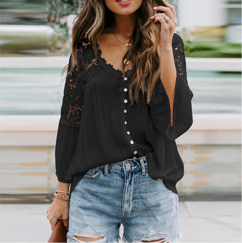 Womens Solid Color V Stitching Breasted Flared Sleeve Top 43612fe1 f4d9 4e95 a4d9 df9bacdeffc7