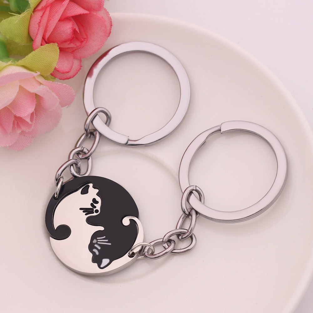 Jovivi 2pcs Yin Yang Cat Key Ring Matching Cute Cat Jigsaw Puzzle Key Chain Stainless Steel Pet Keychain for Couples Lover Gift - 图片 4