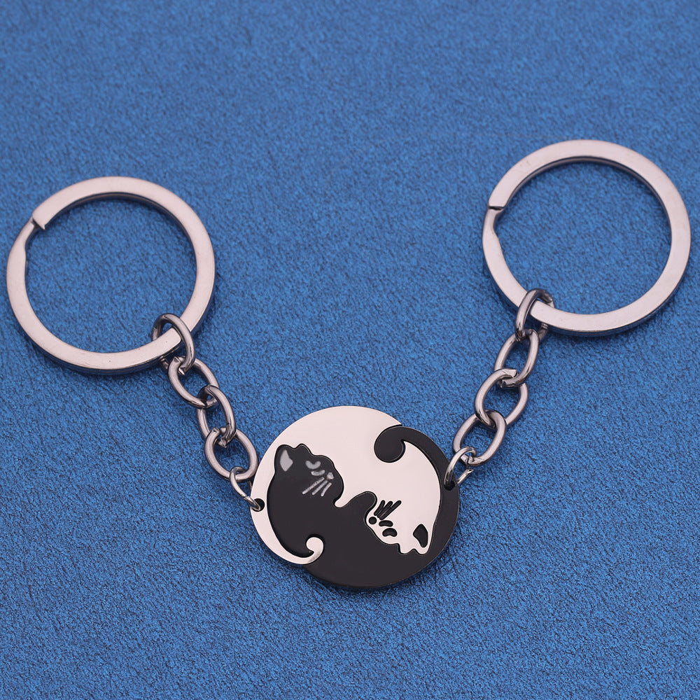 Jovivi 2pcs Yin Yang Cat Key Ring Matching Cute Cat Jigsaw Puzzle Key Chain Stainless Steel Pet Keychain for Couples Lover Gift - 图片 5