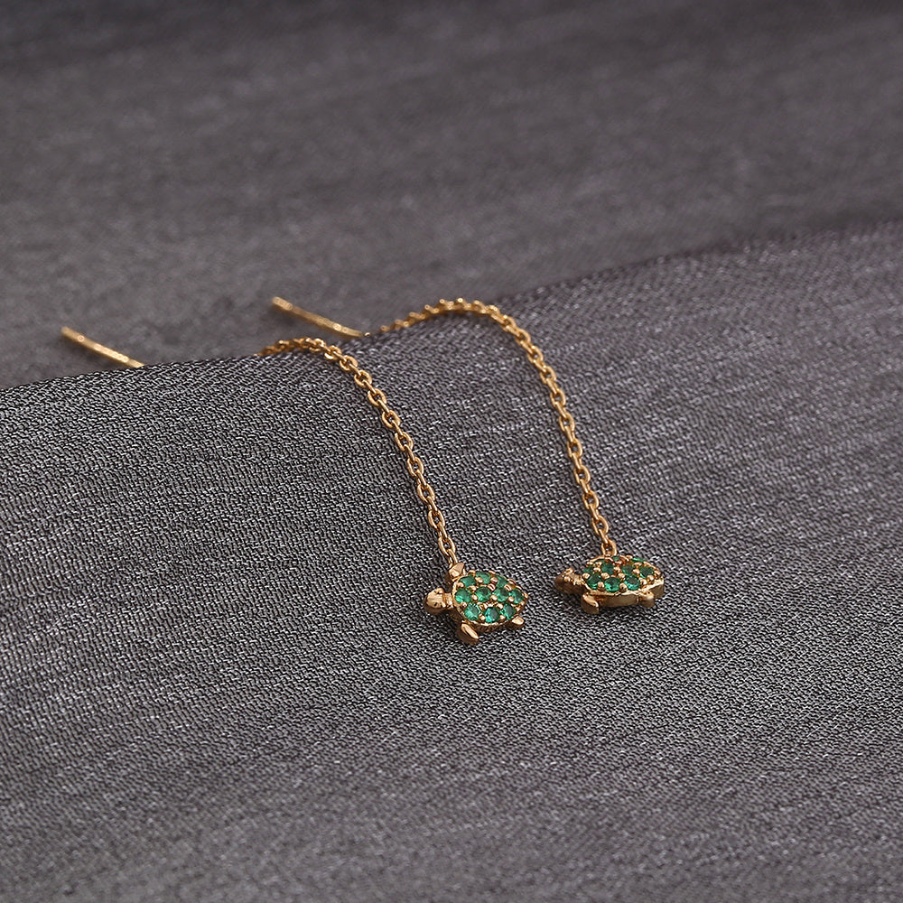 Thin Face Earlines, The New Trend Of Small Simple Tassel Earrings Long Copper Micro-green Zircon Small Turtle Earrings Pendan