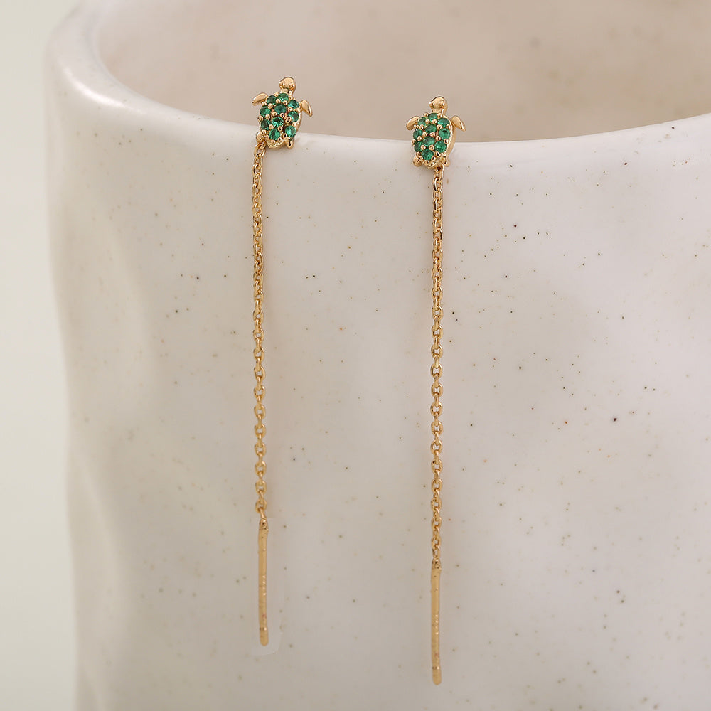 Thin Face Earlines, The New Trend Of Small Simple Tassel Earrings Long Copper Micro-green Zircon Small Turtle Earrings Pendan