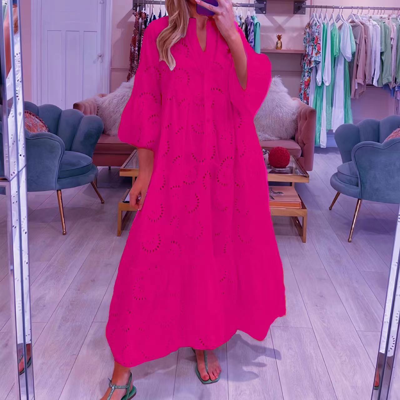 French Style V-neck Bell Sleeve Lace Hollow Out Solid Color Sexy Long Dress Women 4ab1c6c3 a8e3 4ec3 9122 9b47f9f971a4