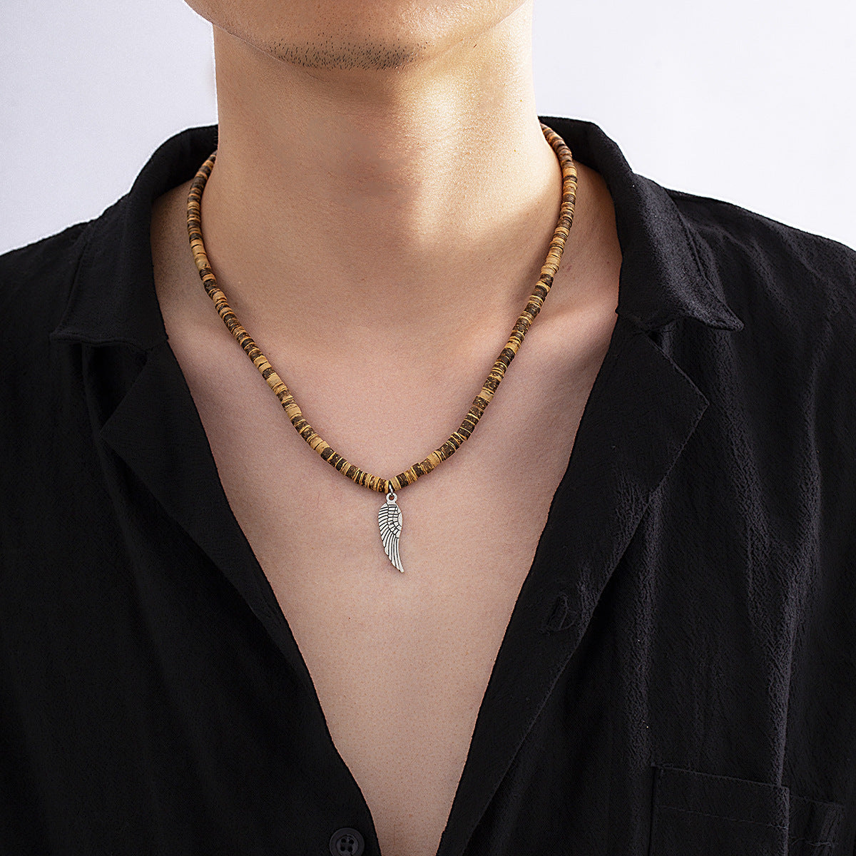 Bohemian Style Wooden Bead Stitching Necklace Men's Feather Pendant Necklace 4fd1d38b d410 4757 b8e4 5e654569f246