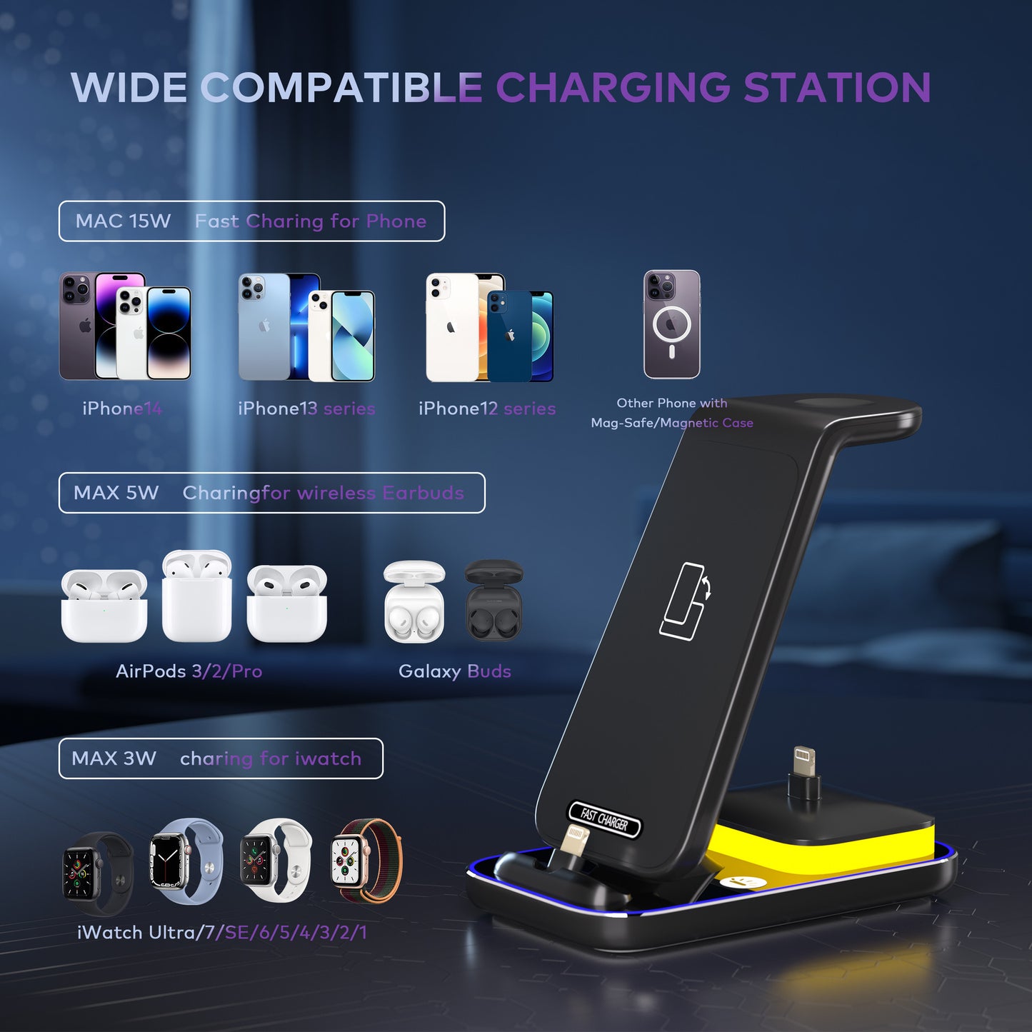 15W Fast Charge Vertical Wireless Charger Mobile Phone Watch Headset - 图片 2
