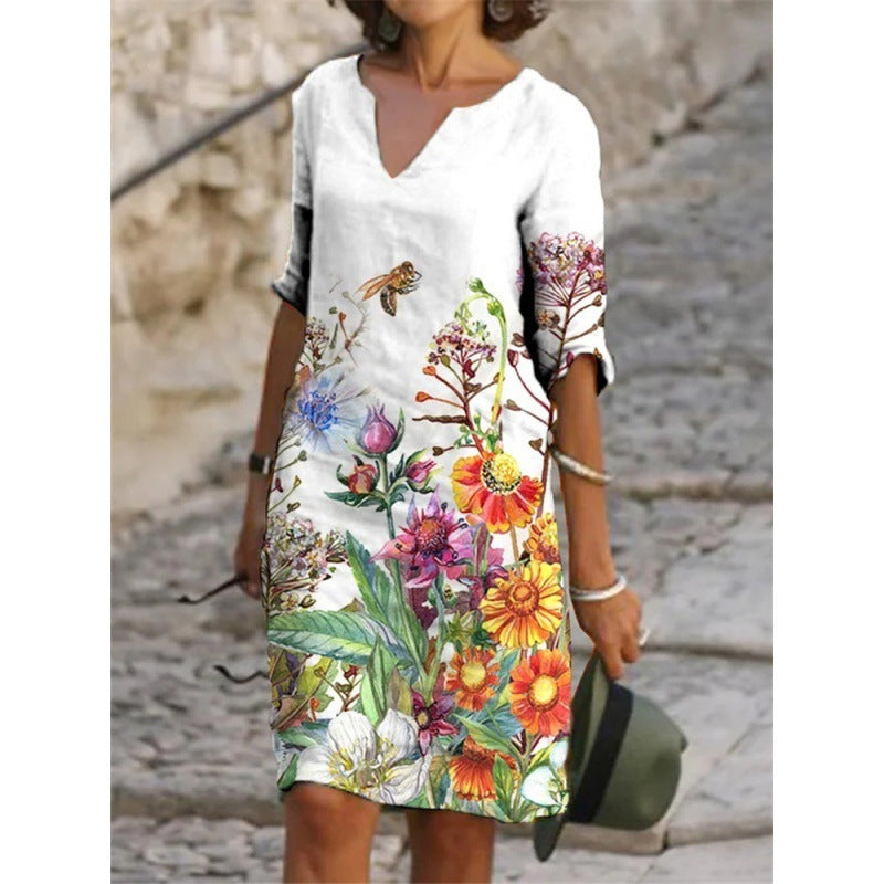 Flower Leaves Printing Rendering V-neck Dress 538ed09e 53e3 4e65 80e8 4ca8c34b0127