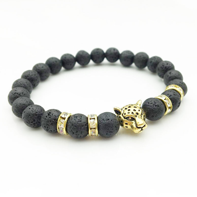 8mm Natural Stone Lava Stone Bead Bracelet For Men Leopard Head Leopard Pendant Charm Bracelet Handmade Jewelry - HD Wireless Product #2