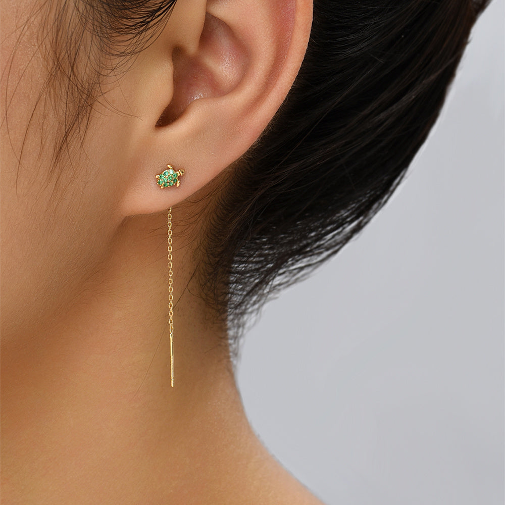 Thin Face Earlines, The New Trend Of Small Simple Tassel Earrings Long Copper Micro-green Zircon Small Turtle Earrings Pendan