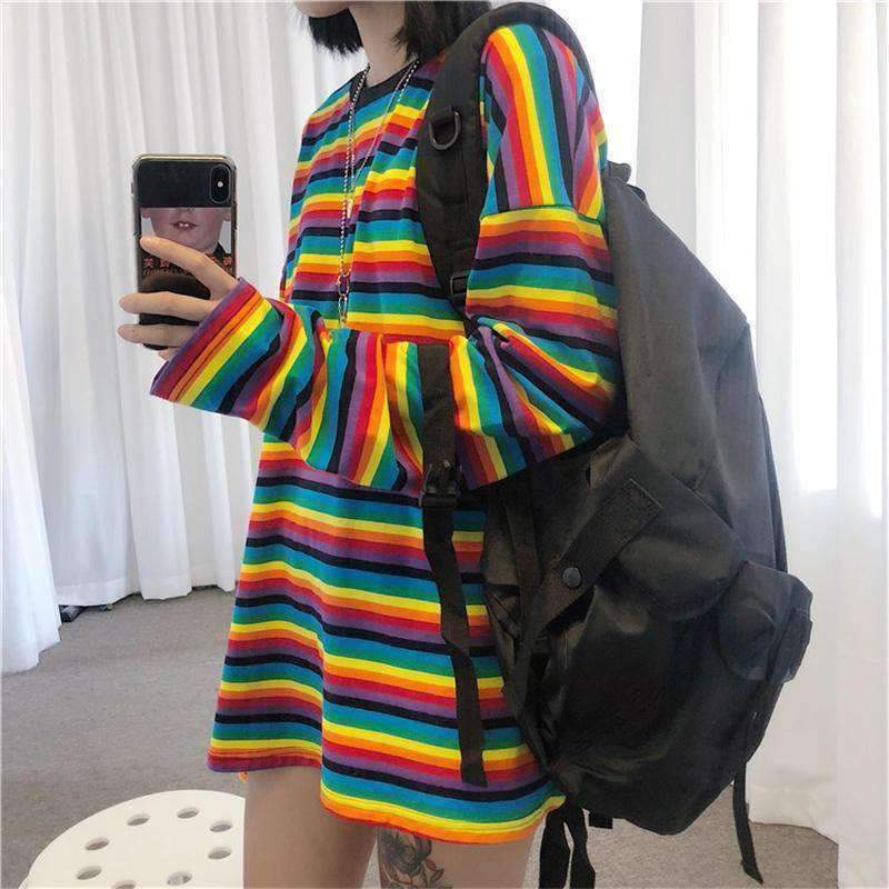 Cute girl rainbow stripes loose wild long-sleeved T-shirt 57643475384