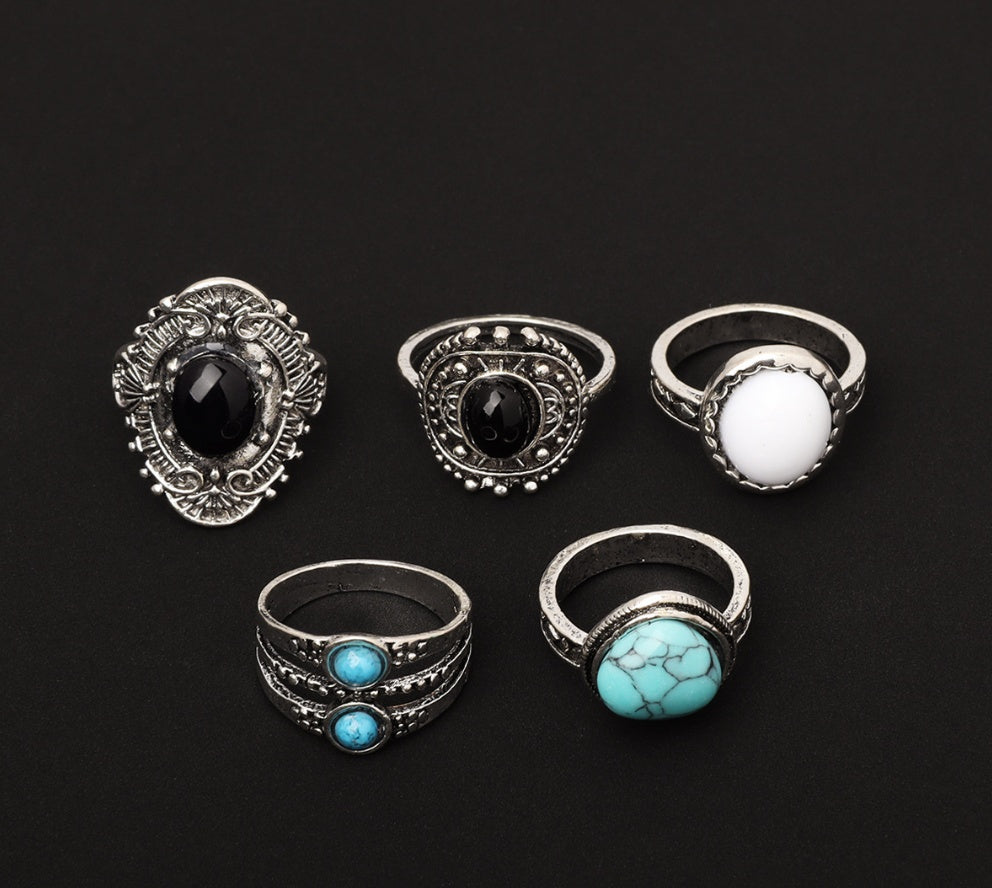 Bohemian Retro Ethnic Style Inlaid Black Gemstone Opal Turquoise Joint Ring 57862f11 0127 46bd 9721 d70d85e8cb2c