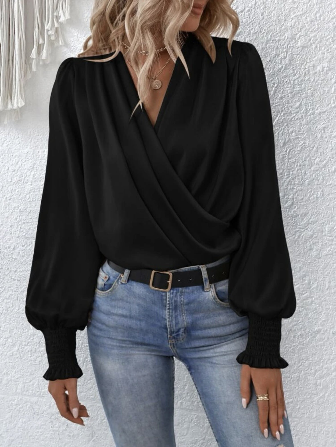 Women's Elegant Women's V-neck Lantern Sleeve Style Solid Color Shirt 58c5a1fd f5f2 412b 8512 dfcda93bb9c9