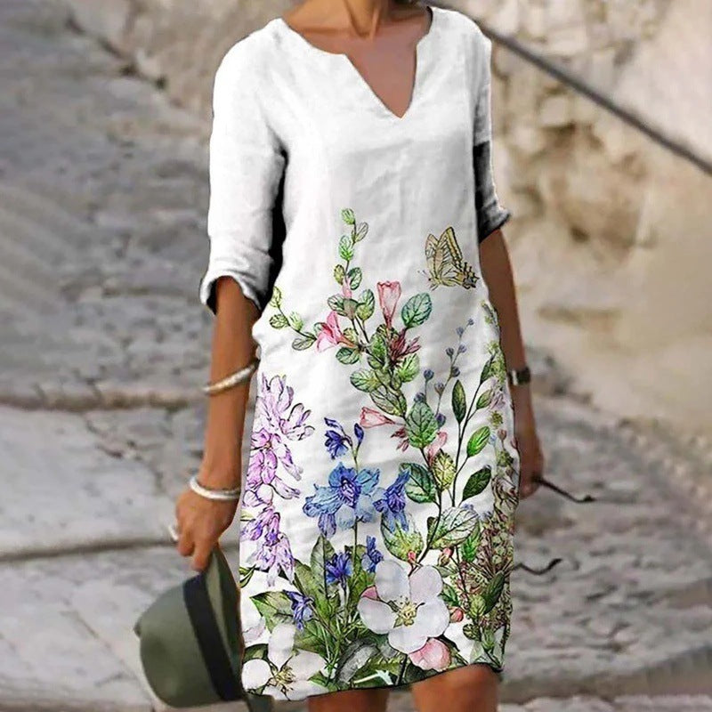 Flower Leaves Printing Rendering V-neck Dress 5b4d9231 c565 4789 b454 a1cc5ccac60b