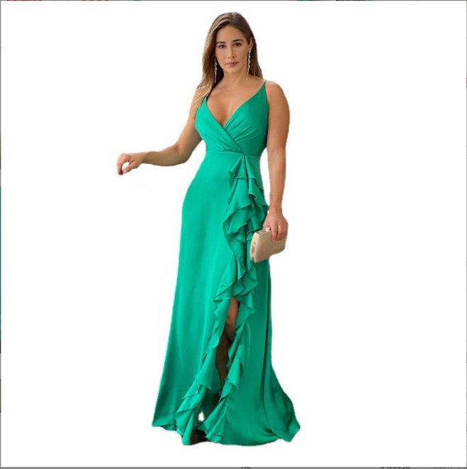 European And American Women's Clothing Summer New V-neck Brace High Waist Ruffles Irregular Slit Dress 5b64b14f a3b4 428a 9b2