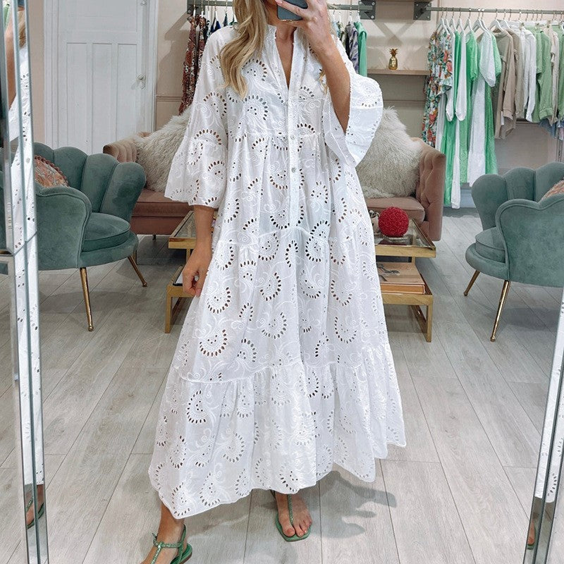 French Style V-neck Bell Sleeve Lace Hollow Out Solid Color Sexy Long Dress Women 5b829210 4769 448b 98a6 fc7e3f82d60e