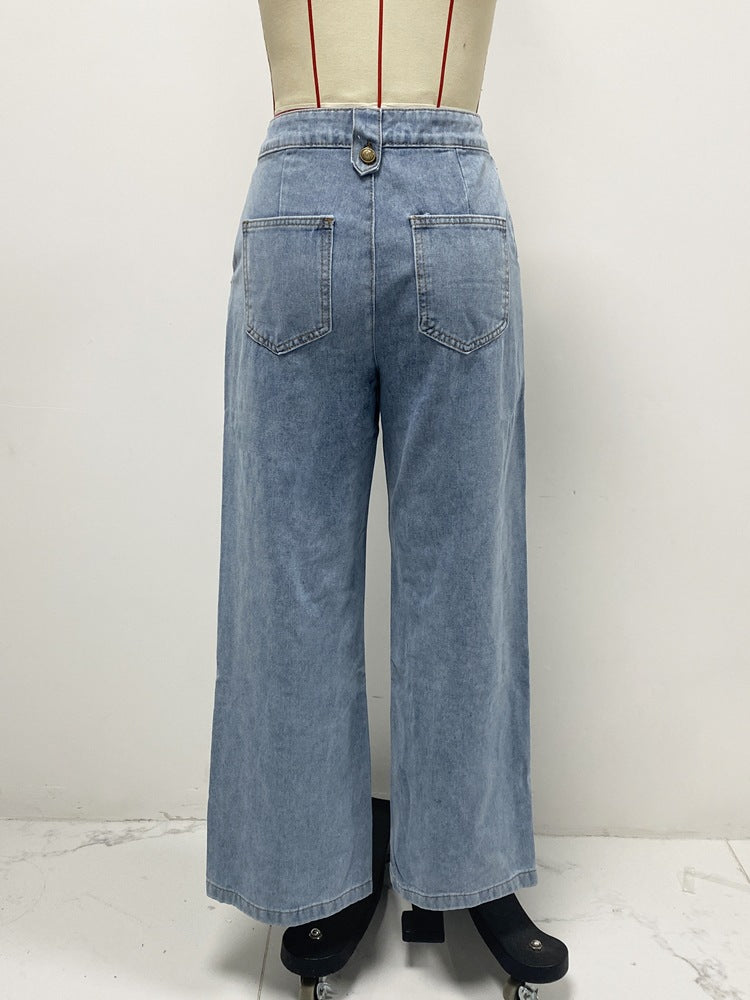 Fashion Sleeveless Denim Suit Wide Leg Pants