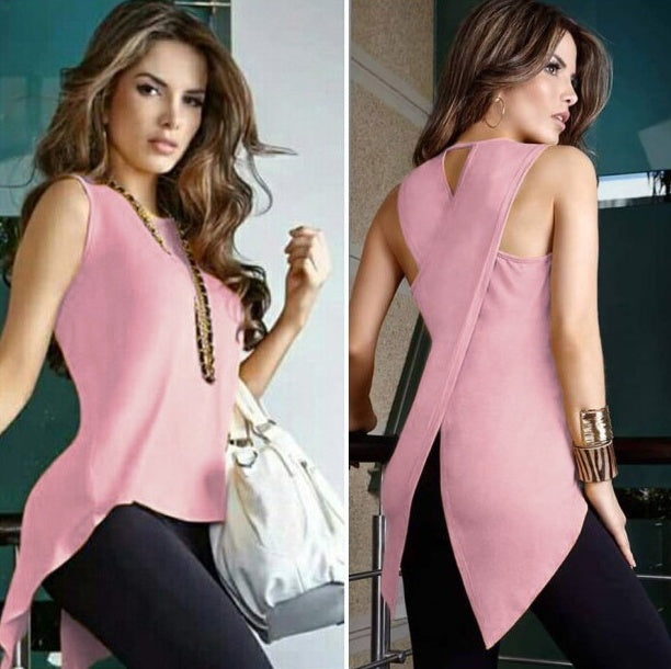 Europe and the United States spring and summer irregular fashion sleeveless back crossover shirt T-shirt 619171751854