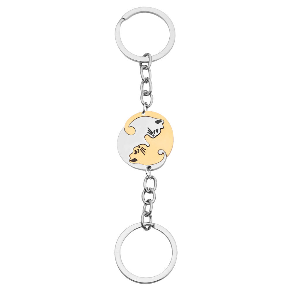 Jovivi 2pcs Yin Yang Cat Key Ring Matching Cute Cat Jigsaw Puzzle Key Chain Stainless Steel Pet Keychain for Couples Lover Gift - 图片 7