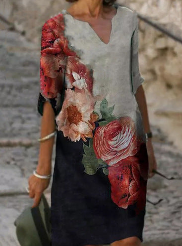 Flower Leaves Printing Rendering V-neck Dress 651aab3b afdc 4bfa bcdf cccd47ae1a71