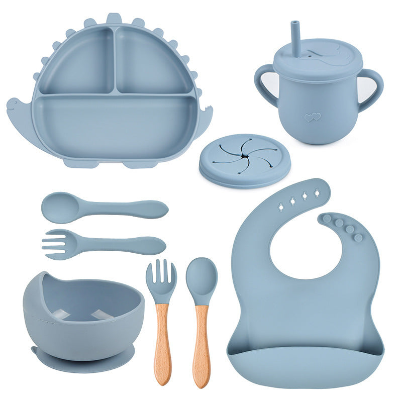 8-piece Children's Silicone Tableware Set Dinosaur Silicone Plate Bib Spoon Fork Cup Baby Silicone Plate - HD Wireless Product #13