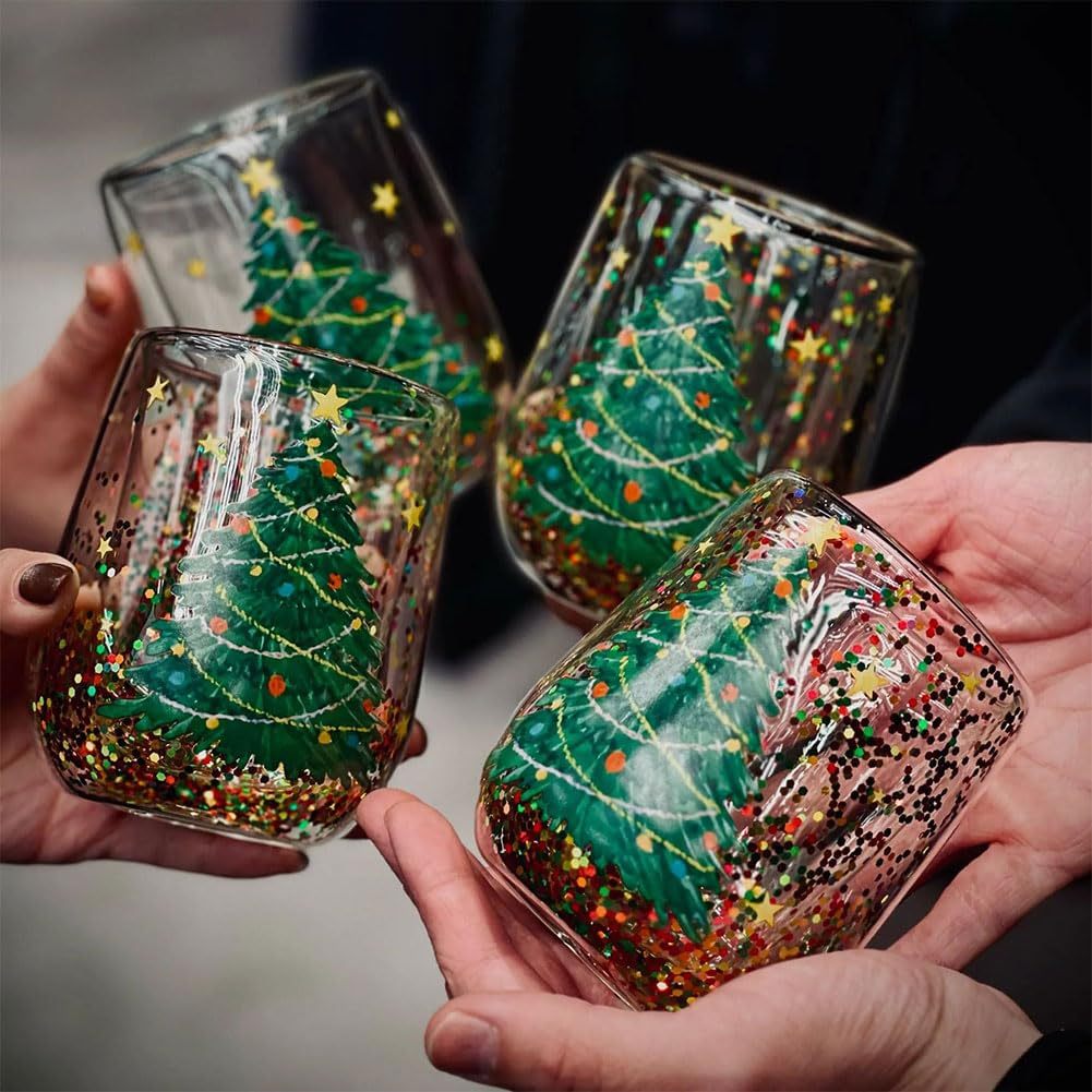 Christmas Tree Cups Heat Resistant Double Layer Flowing Sequins Christmas Cup Household Handwork Cartoon Christmas Trees Tumb