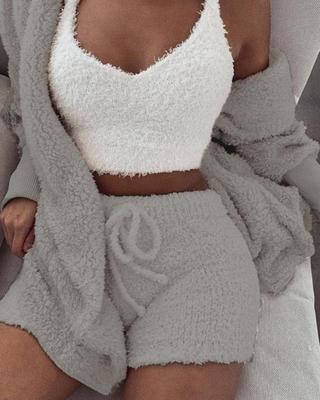 3pcs Womens Clothing Long Sleeve Crop Tank Top And Drawstring Shorts Pajama Set - HD Wireless Product #13