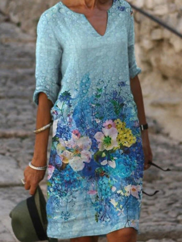 Flower Leaves Printing Rendering V-neck Dress 67981de0 29f5 49a2 bb11 191d82aa2c9a