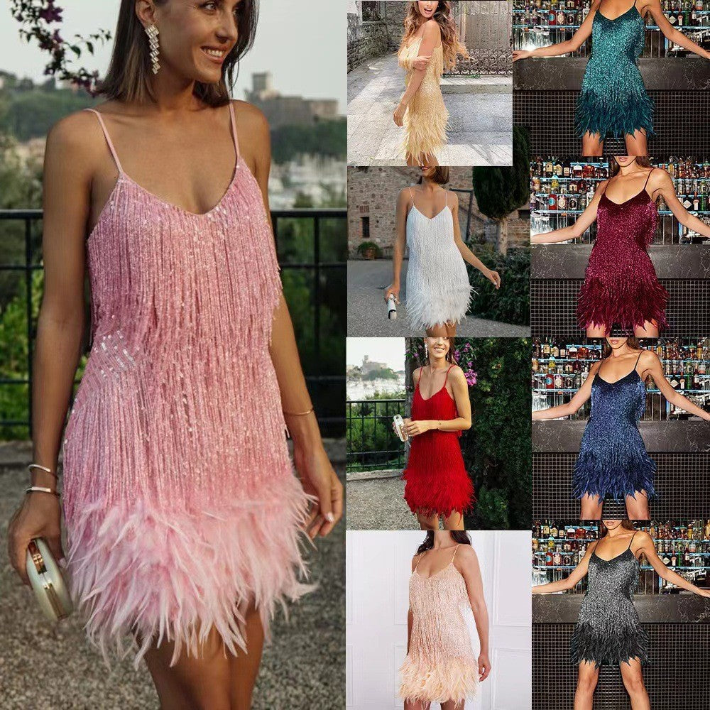 Sexy Tassel Sequins Feather Summer Mini Dress Women V Neck Spaghetti Strap Stitching Dresses Female Elegant Evening Party Clu