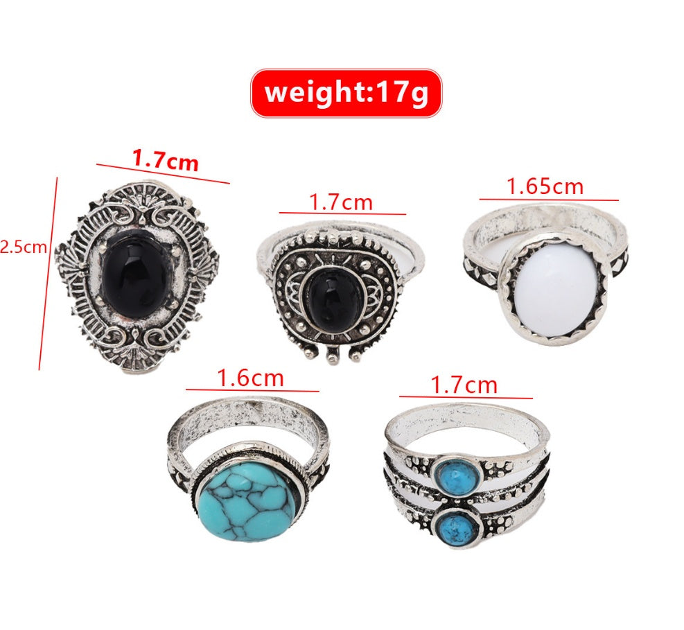 Bohemian Retro Ethnic Style Inlaid Black Gemstone Opal Turquoise Joint Ring 6c849540 65cd 4dcf b852 9ef7e20a25ae