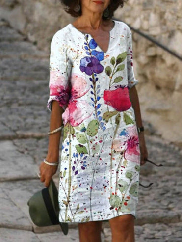 Flower Leaves Printing Rendering V-neck Dress 6d18e134 d207 4c0d a432 5c262c2f4a63