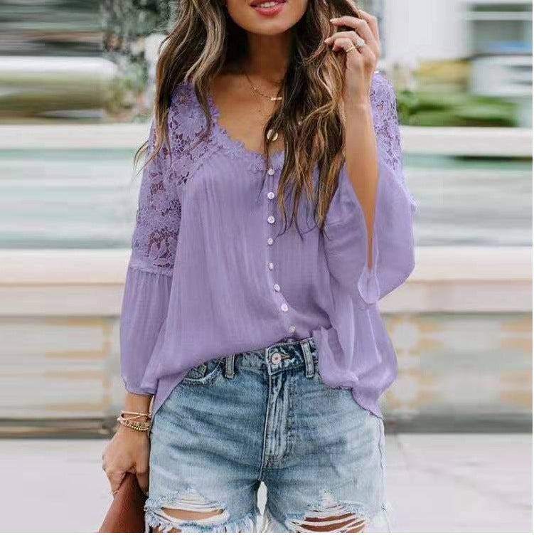 Womens Solid Color V Stitching Breasted Flared Sleeve Top 6ed4603e d454 42cd 897d 572c5394adf5