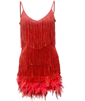 Sexy Tassel Sequins Feather Summer Mini Dress Women V Neck Spaghetti Strap Stitching Dresses Female Elegant Evening Party Clu