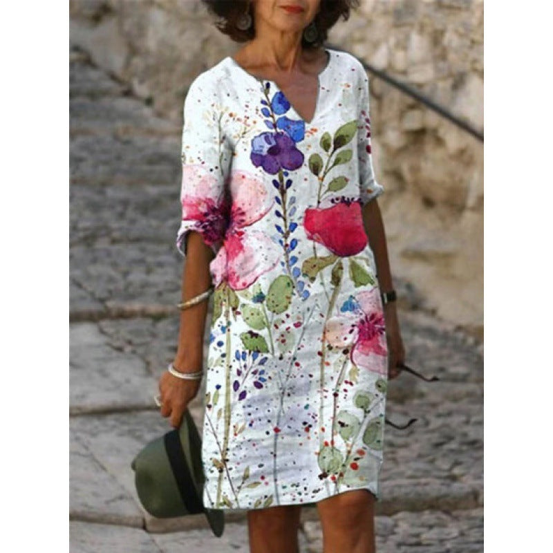 Flower Leaves Printing Rendering V-neck Dress 6f762ca5 309f 4ff3 b7de d09ad8e5fa82