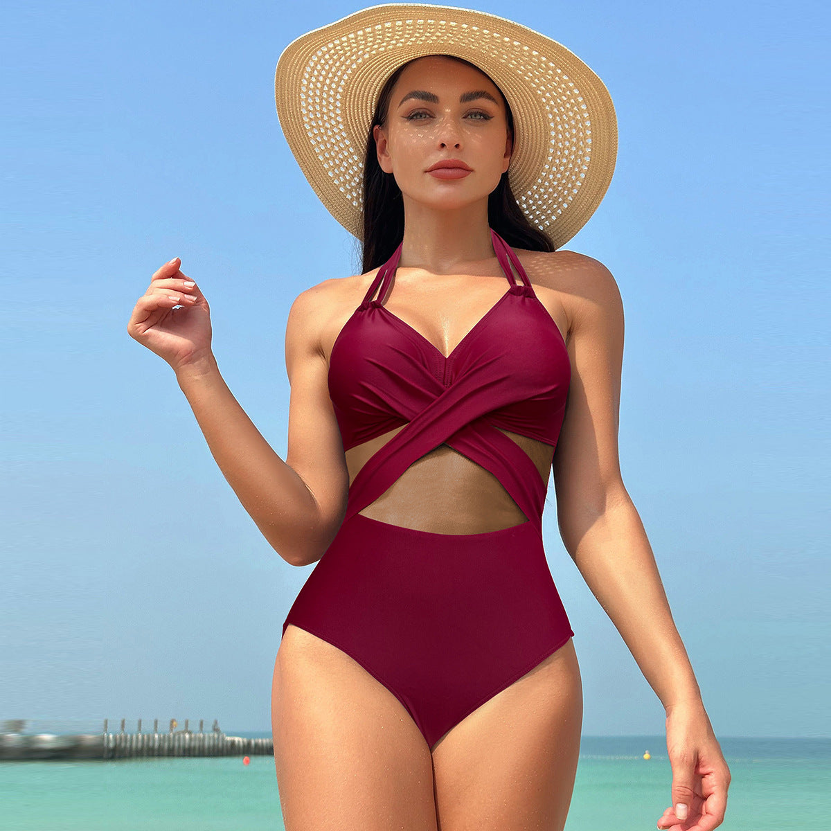 One-piece Swimsuit Women's Pure Color Mesh Bikini Swimsuit 701d8d72 e684 4e86 b971 a962372fe060