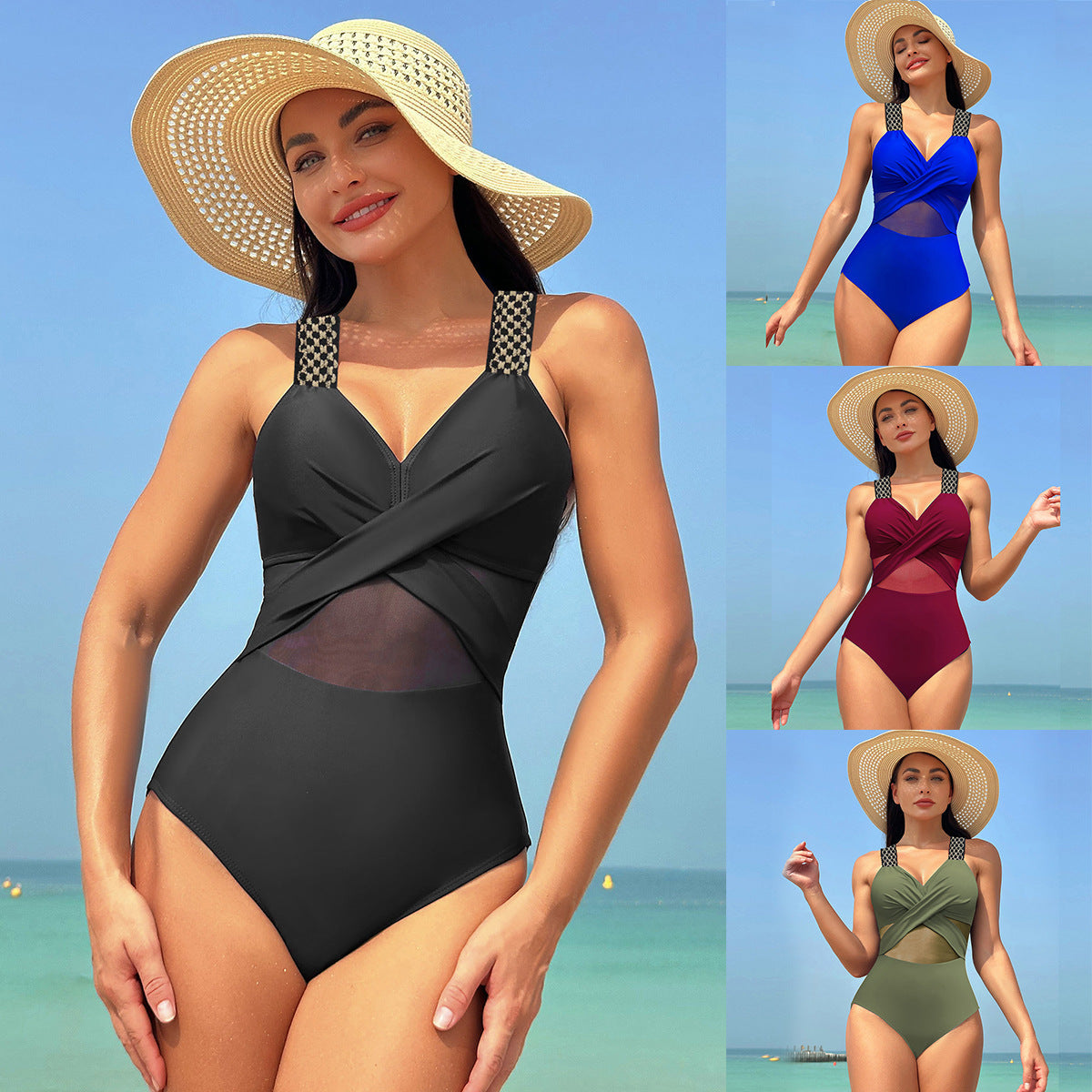One-piece Swimsuit Women's Pure Color Mesh Bikini Swimsuit 774cc3c6 9134 4053 b41d 226527ff83e7