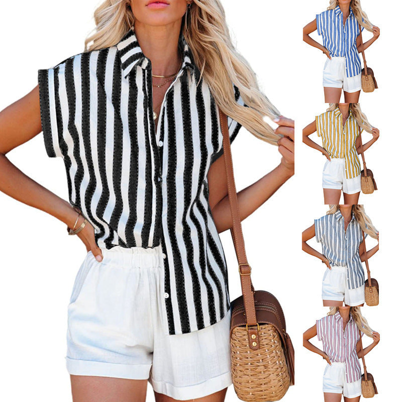 Short Sleeve Striped Women's Loose Single Breasted Shirt 777349bd a54f 4d8c 9dc5 1d038c16b62a