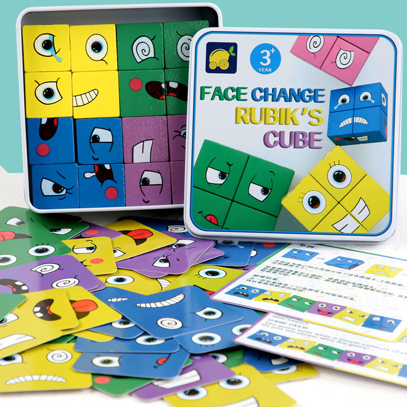 Wooden Expressions Toy Wooden Magic Cube Face Pattern Building Blocks Educational Montessori Toys Wooden Matching Block Puzzl