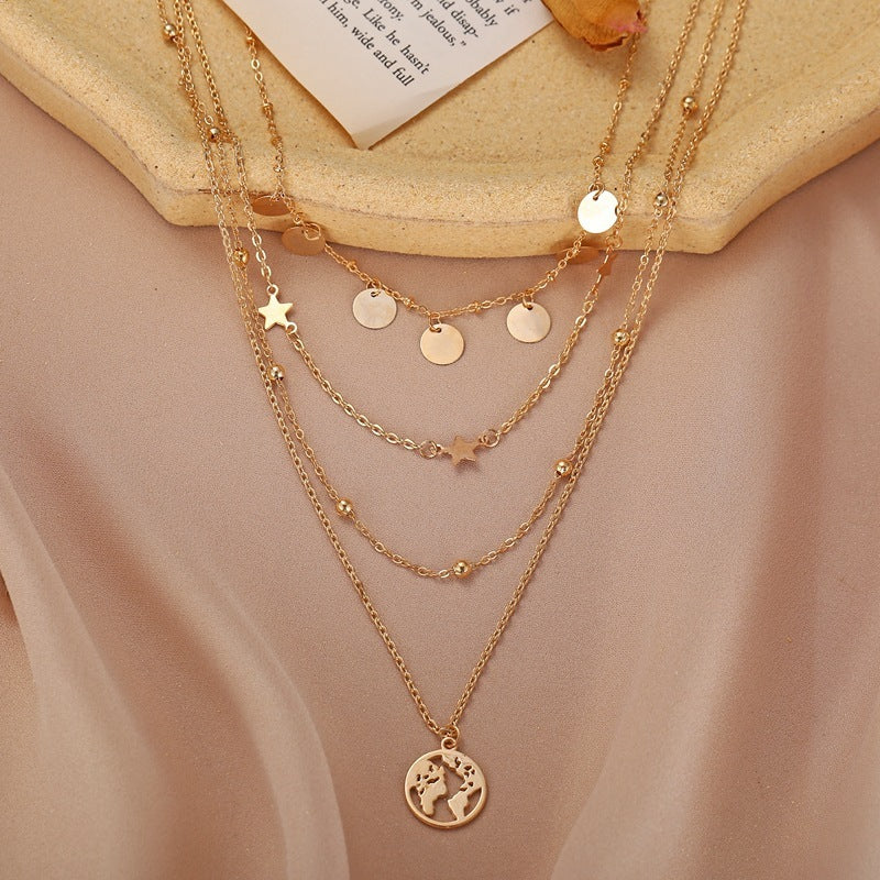 Simple Round Piece Five-Pointed Star Pendant Multilayer Necklace 7cb92b7a e460 4949 990a 20d4a44800d9
