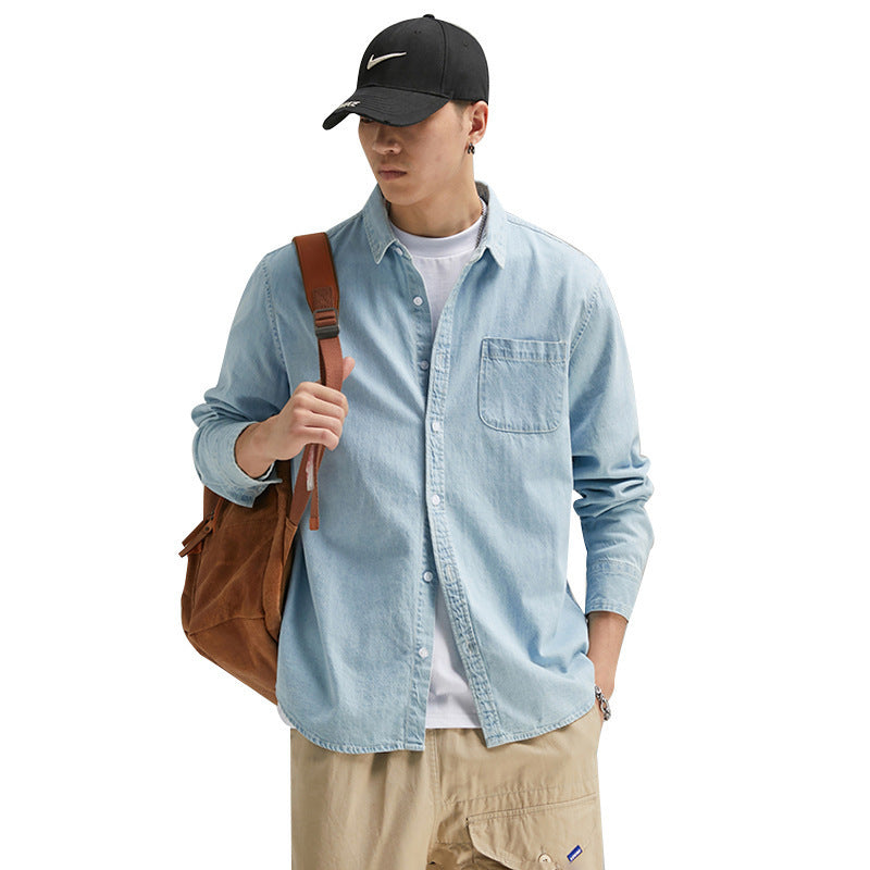 Men's Long Sleeve Solid Color Casual Thin Lapels Denim Shirt 7db0732e 9b8b 4b84 a16e 9e36e6af0ebc