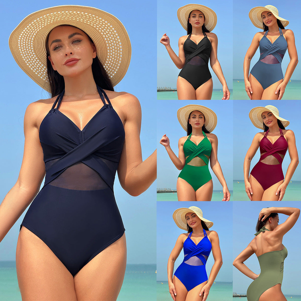 One-piece Swimsuit Women's Pure Color Mesh Bikini Swimsuit 7e83fbeb a81b 4b0c 921c 225e976c6039