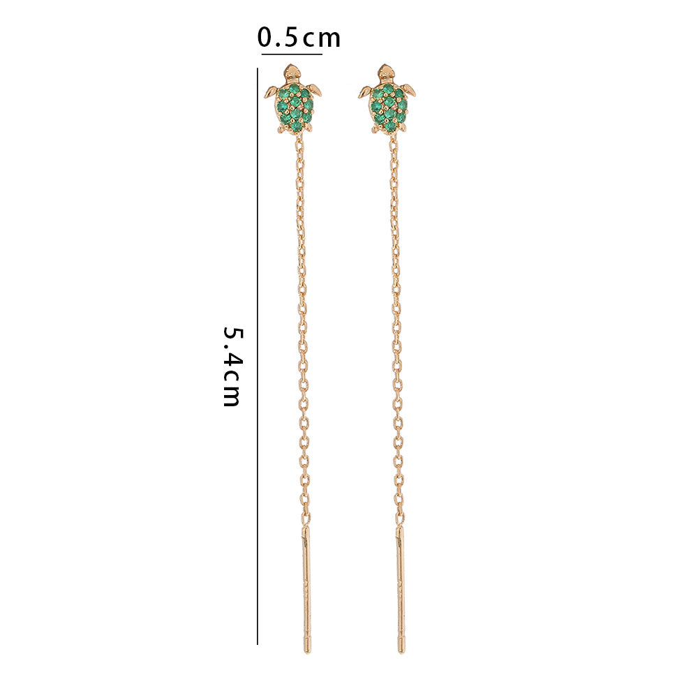Thin Face Earlines, The New Trend Of Small Simple Tassel Earrings Long Copper Micro-green Zircon Small Turtle Earrings Pendan