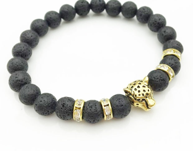 8mm Natural Stone Lava Stone Bead Bracelet For Men Leopard Head Leopard Pendant Charm Bracelet Handmade Jewelry - HD Wireless Product #15